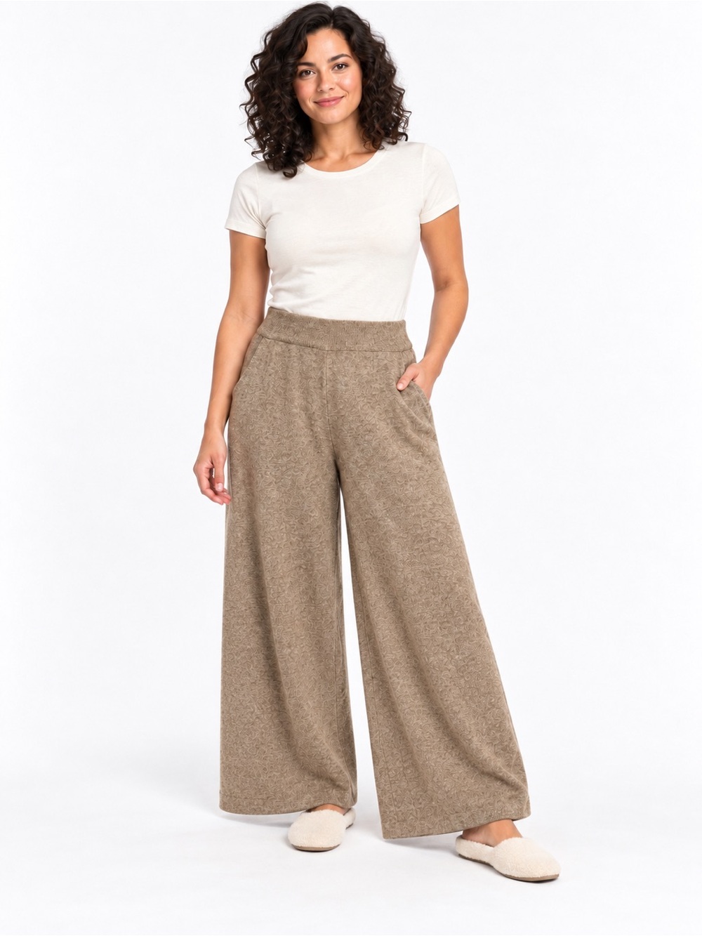 Cozy Wide-Leg Knit Pants in Taupe